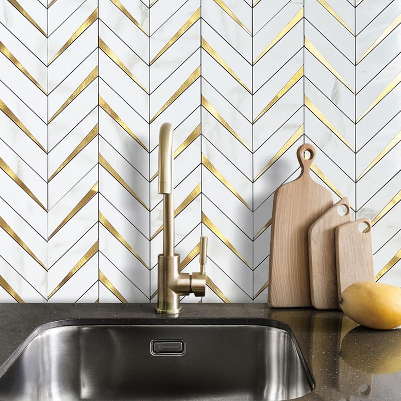 DICOFUN Polished White Marble PVC Mixed Metal Gold Herringbone Tile