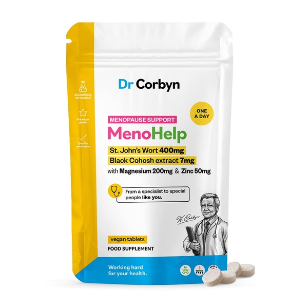 Dr Corbyn MenoHelp (60 Tablets) with St. John's Wort, Black Cohosh, Magnesium & Zinc | Menopause Well-Being | 400mg St. John's Wort, 7mg Black Cohosh, 200mg Magnesium & 50mg Zinc | UK Made