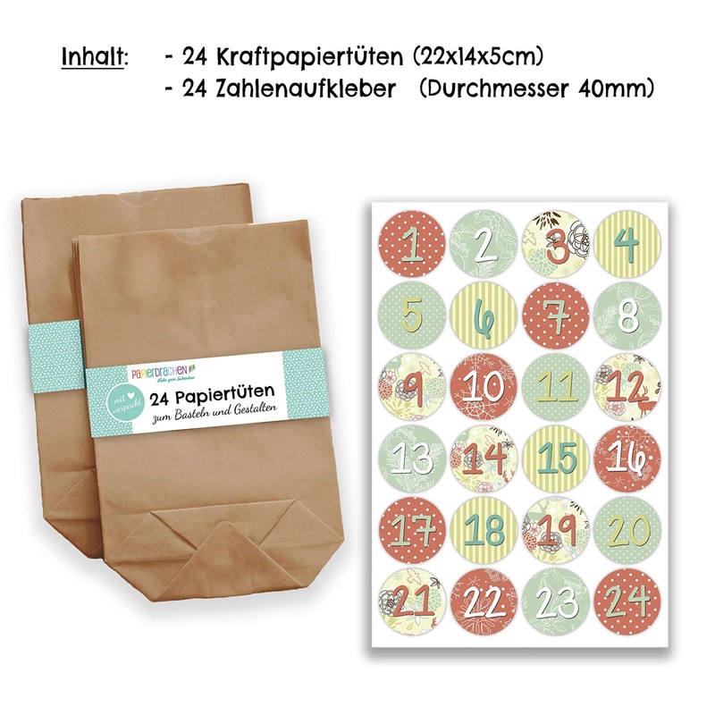Papierdrachen Adventskalender zum Befüllen - mit 24 braunen Papiertüten und