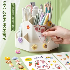 360 Rotating Desk Organiser, Rotating Pen Holder, Rotating Pen Holder Organiser, Improved Large Capacity 9 Compartments, for Office Supplies, School Supplies, Makeup Brushes (with Stickers, White)