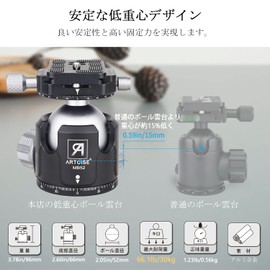 52mm Low Center of Gravity Ball Head Double Panoramic Pan Design Tripod Ball Head CNC Aluminum Alloy Arca Swiss with Quick Shoe Freedom Head for DSLR Camcorder Max Load Capacity 30kg