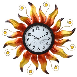 HOBYLUBY Large Outdoor Clock, Sun Outdoor Wall Clock with Thermometer & Humidity, Silent Non-Ticking Outside Clock for Patio, Living Room, Kitchen(Yellow)