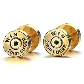 16GA 316L Stainless Steel Winchester 9mm Luger Bullet Casing Fake Cheater Plugs, Sold as a Pair (Gold Tone)