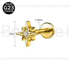 BodyAce Gold ASTM F136 Titanium Lip Bars, 16G Flat Back Earrings with Piercing Taper, Internally Threaded Labret Ring Cartilage Piercing Tragus Studs [Gold Zirconia Star Light]