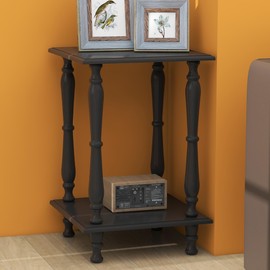 TaoHFE Square Black Living Room Tables French Style End Side Table with Open Shelf Retro Black Sofa Side Table Wooden Vintage 2-Tier Bedside Table for Living Room Small Space, Black