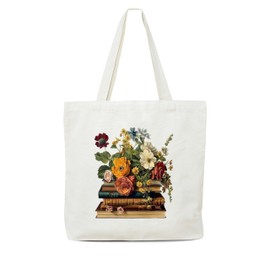 OZTEMETY Canvas Tote Bag, Books And Flowers Tote Bag,Reusable Shopping Bags, Gifts For Book Lovers And Readers, Teacher Gifts For Women, Christmas Thanksgiving Presents-19