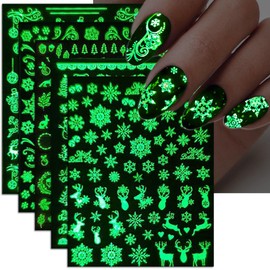 IDDFEVE Grow in The Dark Snowflake Nail Stickers, Christmas 3D Self-Adhesive Nail Art Decals - White Snowman Santa Elk Design for DIY Manicure Winter Xmas DIY Nail Decorations stz (6 Sheets)