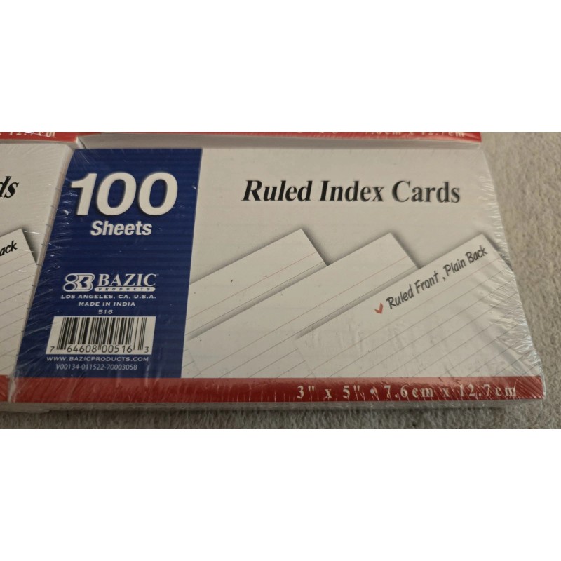 Bazic 100 Ct Ruled Index Cards 3" x 5" Ruled