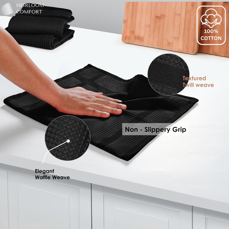 HEIRLOOM COMFORT 5 Pack Black Waffle Weave Kitchen Towels, 16x26