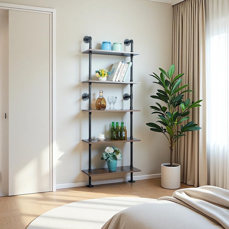 HEONITURE 5 Shelf Industrial Pipe Shelving, Black Modern Bookcase Bookshelf,