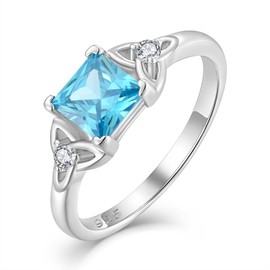 Vemhel Celtic Knot Rings 925 Sterling Silver 6mm Princess Cut Birthstone Engagement Rings for Women, 8, Sterling Silver, White Gold, Platinum, Created Aquamarine