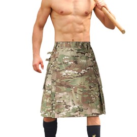 GSGGIG Men's Kilt, Camo Scottish Outdoor Utility Kilt, 23" Length Pleated Tactical Kilt, Irish Hybrid Kilts with Pockets, Z-cp Camo, 38