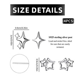 LEEQBCR 2 Pairs Ladies Girls Anti-Allergy Asymmetric Star Earrings, Small Earrings, 925 Silver, Gifts for Women Girlfriend Mum Girl (Silver)