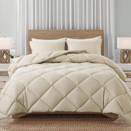Decroom Lightweight King Comforter Set with 2 Pillow Sham - 3 Pieces Set - Quilted Down Alternative Comforter/Duvet Insert for All Season - Beige - King Size