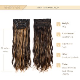 Gairyan Clip-In Extensions Wave Hair Extensions Wavy 4-Piece Set Hair Clip Extensions Hairpieces Long Synthetic Curls Hair Extension for Women 55 cm 180 g - Black Brown & Dark Blonde