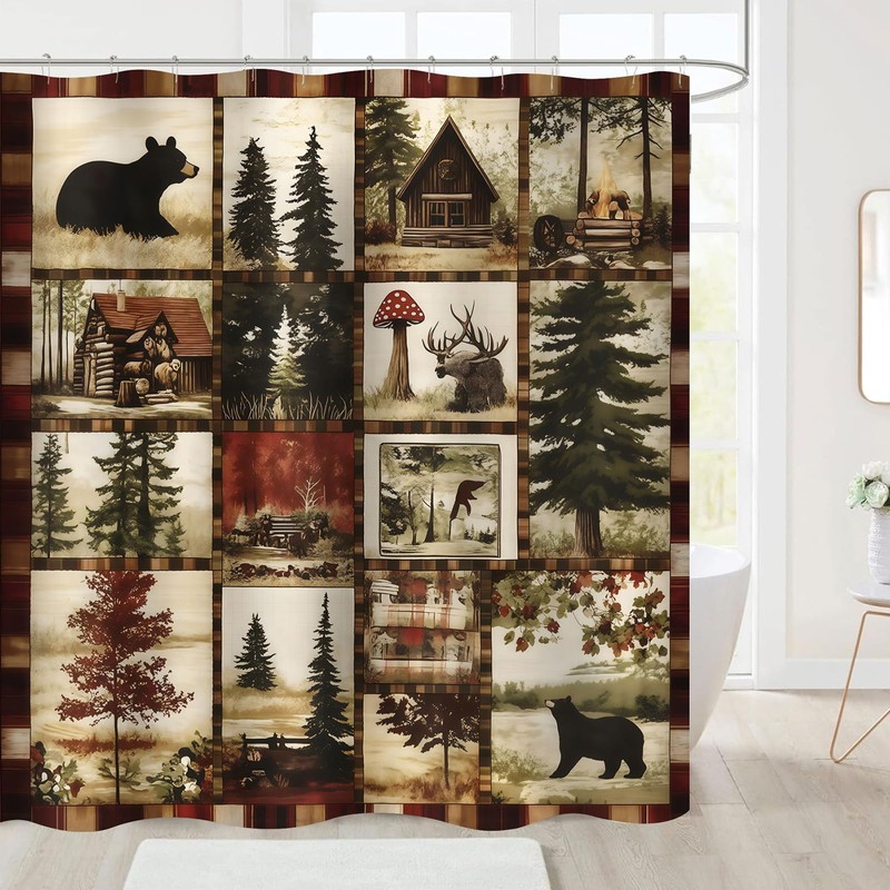 ZCHOMI Rustic Cabin Shower Curtain Farmhouse Country Bear Forest Bathroom