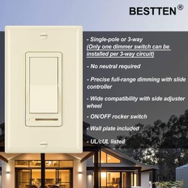 [2 Pack] BESTTEN Almond Dimmer Wall Light Switch, Single-Pole or 3-Way, Compatible with Dimmable LED, Incandescent, Halogen and CFL Bulbs, Wallplate Included, UL Listed