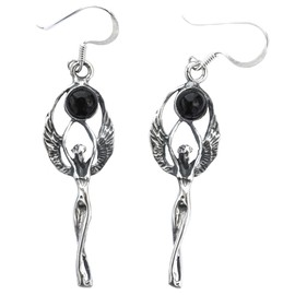 WINDALF Fairy Earrings MYFANWY 4 cm Elves with Onyx Vintage 925 Sterling Silver, Fabric jewellery bag, Onyx
