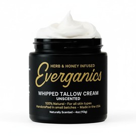 Everganics Organic Whipped Beef Tallow Balm - Unscented Grass Fed Tallow Moisturizer for Face, Body & Lips - Cream with Manuka Honey, Shea Butter & 9 Nourishing Ingredients - Made in USA - 4oz