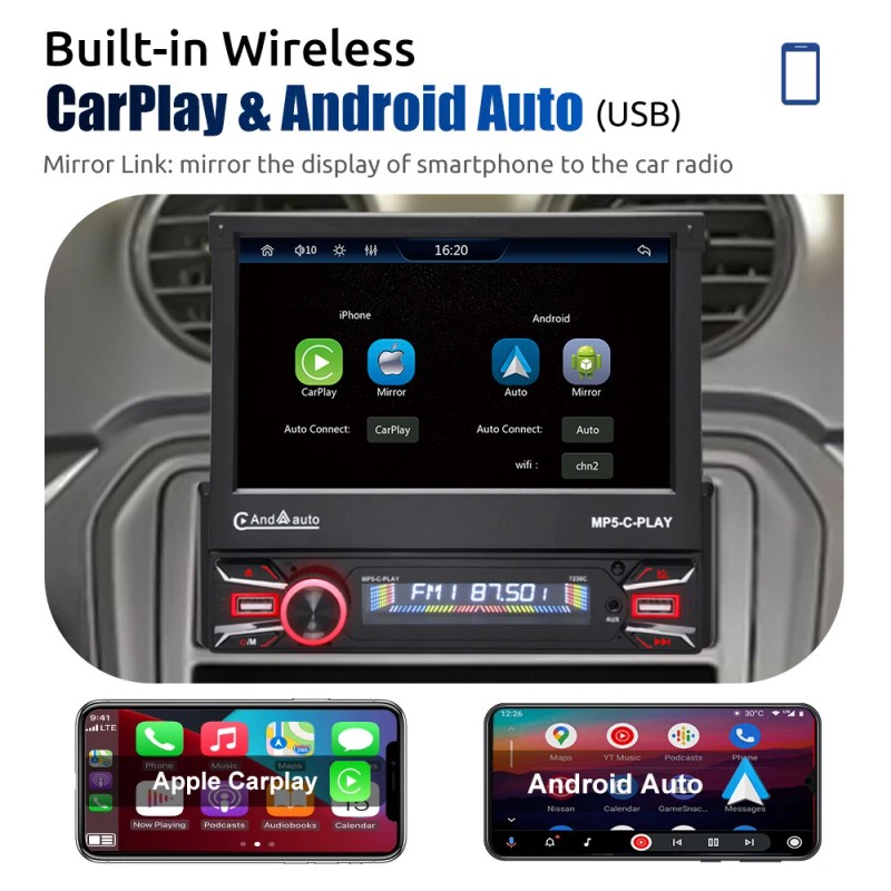ESSGOO 7" Single 1 DIN Car Radio Stereo Apple Carplay