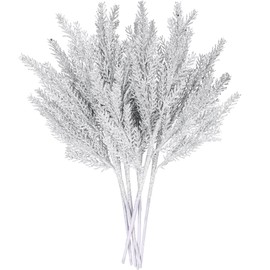Sea Team 6-Pack Artificial Glitter Pine Twigs, Spruce Stem Ornaments, Decorative Sticks, Picks, Branches for Christmas Tree, Wreath, Vase Fillers for Centerpieces, Home Décor, Silver