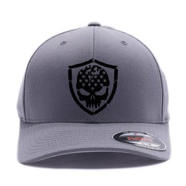 American Distressed Skull Custom Embroidered Flag 6277 Flex Fitted Hat (S/M, Grey)