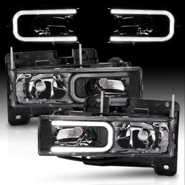 AmeriLite For Chevy C/K Tahoe Suburban SUV Fullsize Blazer GMC Yukon C-Type LED Tube Halogen Black Headlight Set - Passenger and Driver Side