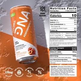HYDRADNA- Clean Performance Drink, Zero Sugar | For Natural Fuel, Alertness, Boost, Stamina,120 mg Organic Caffeine, Natural Flavors, Zero Sucralose, Clean Ingredients (12 Pack) (12 Pack, Peach)