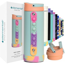 Elemental Iconic Kids Water Bottle with Straw Lid & Stress Reliever Pop It Handle, Leak-Proof When Closed, Triple Insulated Stainless Steel Reusable Thermos Water Bottle, 14oz - Mint Sorbet