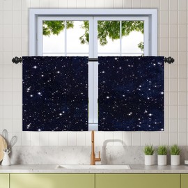 Renaiss 26 x 36 Inch Galaxy Linen Window Tier Curtains for Kitchen Over Sink Fantasy Space Starry Sky Blackout Cafe Short Curtain Tiers for Bathroom RV Room Darkening Rod Pocket Drapes 2 Panels