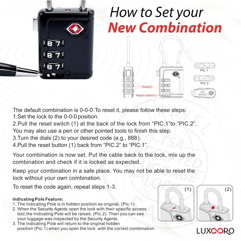 LUXOORO TSA Approved Luggage Lock with Alert Indicator, 3-Digit Resettable