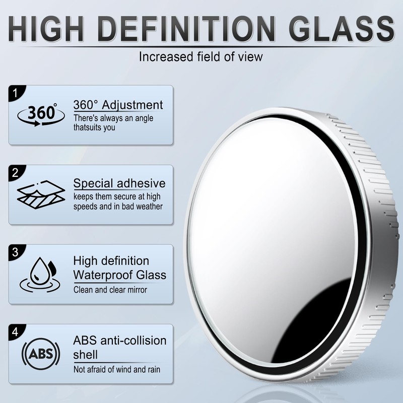 LivTee Blind Spot Mirror, 2" Round HD Glass Frameless Convex