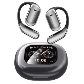 BUABMEQ Open Ear Earbuds Ultra Comfort Bluetooth 5.4 Headphones Over The Ear Earbuds with Intelligent Touch Screen Ear Hooks IPX7 Waterproof Bone Conduction Earbuds for Running Fitness Sport Grey