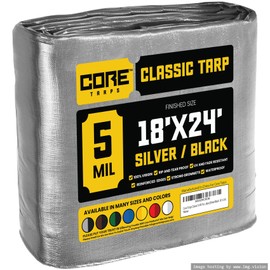 Core Tarps Classic 5 Mil Tarp Cover, Waterproof, UV Resistant, Rip and Tear Proof, Poly Tarpaulin with Reinforced Edges for Roof, Patio, Pool Cover, Boat (Silver/Black 18′ X 24′)