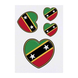 4 x 'Saint Kitts and Nevis Flag Heart' Temporary Tattoos - Water Resistant, Skin-Safe, Non-Toxic Transfers, Mixed Sizes (TO00063108)