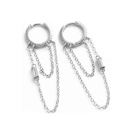 CZ Chain Dangle Drop Small Hoop Cuff Earrings S925 Sterling Silver for Women Girls Cartilage Sensitive Ears Fashion Elegant Chic Cubic Zirconia Threader Tassel Dangling Hypoallergenic Gifts (Silver)