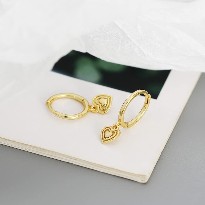 Layered Love Heart Dangle Hoop Earrings Sterling Silver 925 Minimalist