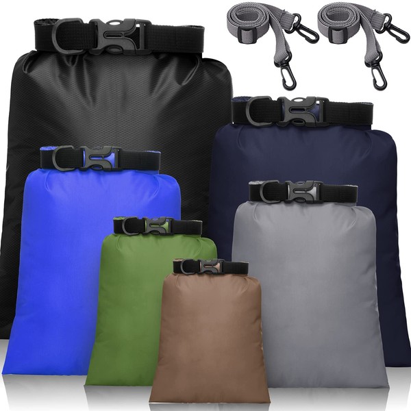 Waterproof Dry Bags Set 15L + 8L + 5L + 4L + 3L + 2L Lightweight Bags and 2 Long Adjustable Shoulder Straps for Kayaking, Rafting, Boating, Hiking, Camping, Mixed Colours, Classic