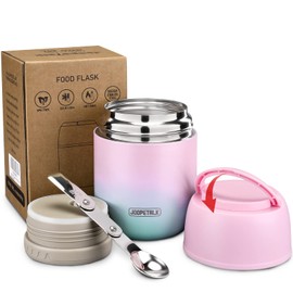 17 oz Insulated Lunch Containers Hot Food Jar, Wide Mouth Soup Thermo for Hot Food Kids Adults, Vacuum Stainless Steel Thermo Lunch Box With Handle Folding Spoon for School, Office (Blue-Pink)