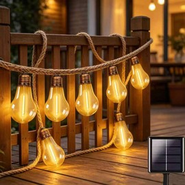 Solar String Lights Outdoor, 15.7FT Vintage Hemp Rope Patio Lights with 10 Shatterproof Bulbs, IP44 Waterproof Solar Powered Lights with 2 Modes Auto On/Off for Garden Yard Café Bistro Wedding