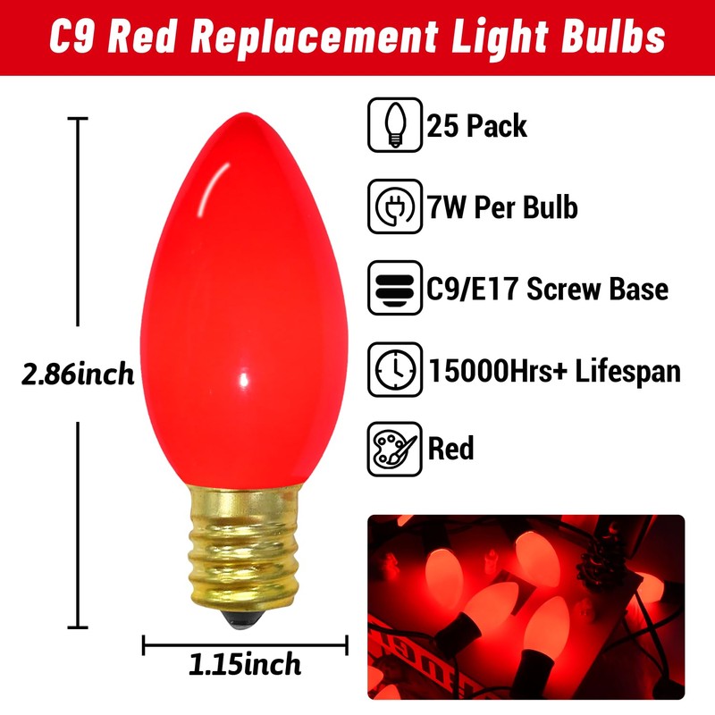 C9 Incandescent Christmas Lights Red Bulb,C9 Red Ceramic Replacement Bulbs