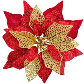 14 Set 8.7" Wide 4 Layers Christmas Red Metallic Glitter Artificial Poinsettia Flowers Picks Christmas Tree Ornaments for Red Christmas Tree Wreath Garland Wedding Holiday Decoration Gift Box Included