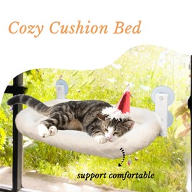 Cat Window Perch, Cordless Foldable Cat Hammock Perch Large23.8''*11.8'' - 4 Suction Cups Resting Seat, Solid Metal Frame, Washable Cover with Two Fabrics to Different Seasons for Large Cat(White)