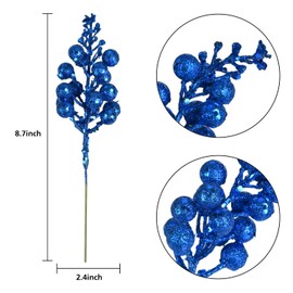 Lvydec 16pcs Christmas Glitter Berry Stems, 7.8" Artificial Christmas Picks for Christmas Tree Ornaments, DIY Xmas Wreath, Crafts, Holiday and Home Decor (Dark Blue)