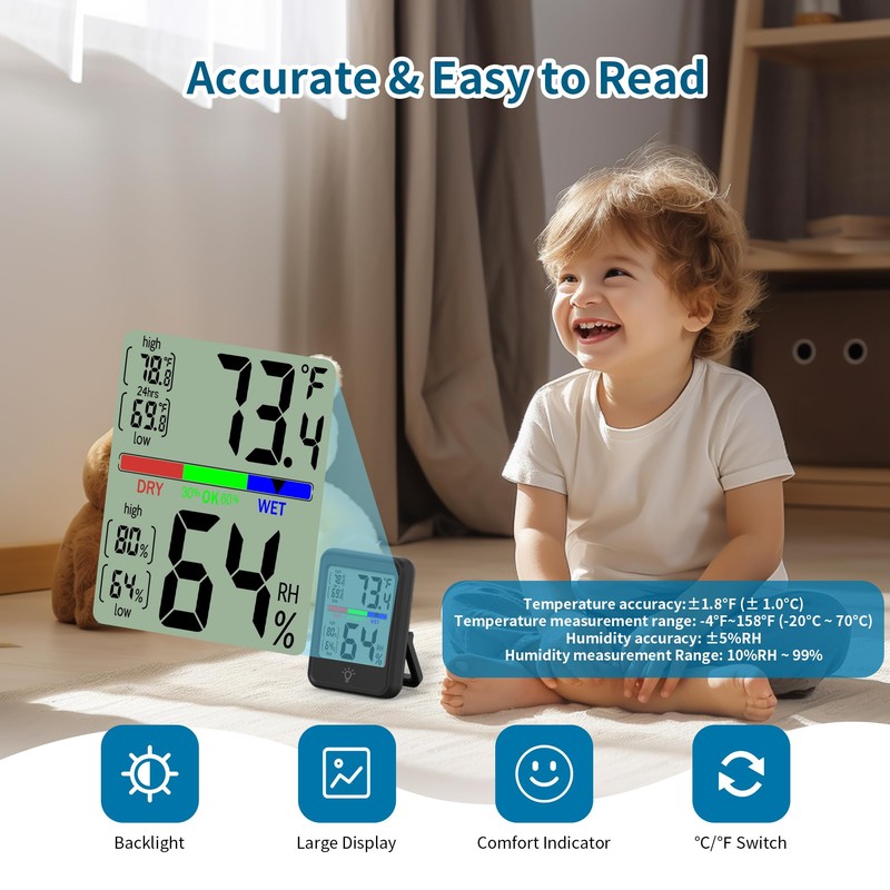 Digital Thermometer Hygrometer, Indoor Wall Thermometer, Indoor Humidity Temperature Monitor