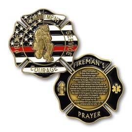 Fireman's Prayer, Commintment, Courage, Pride, Service, Fire Fighters Thin Red Line Challenge Coin