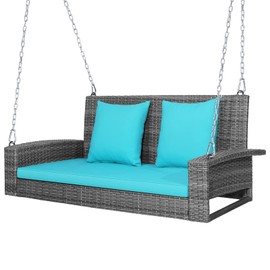 Tangkula 2 Person Wicker Hanging Porch Swing, Patiojoy Outdoor Rattan Swing with Soft Cushions and 2 Rustproof Steel Chains, 800 LBS Patio Swing Bench for Balcony, Garden and Yard