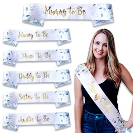 Blue Planet Fancy Dress Satin Auntie to Be Sash – White with Gold Text & Botanical Flowers – Neutral Unisex Baby Shower Sash for Aunts – Party Decoration & Keepsake Gift