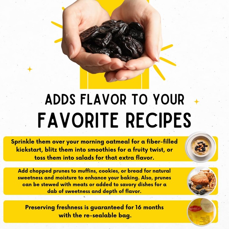 Sunbest Natural Dried Pitted Prunes, 3 lbs – Unsweetened Jumbo