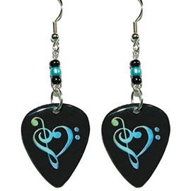 Black With Blue Treble & Bass Clef Heart Guitar Pick Dangle Earrings (GP039)